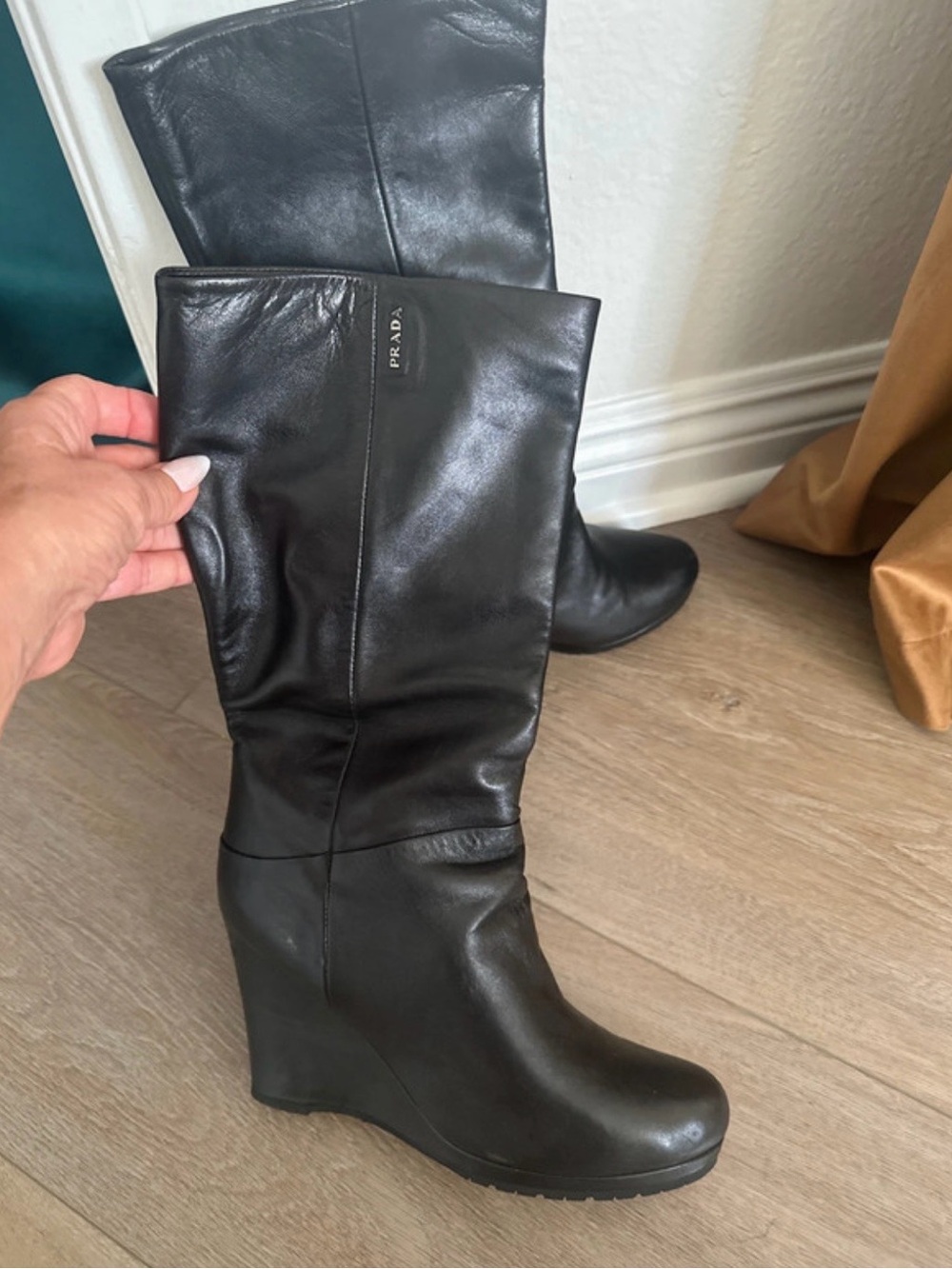 Prada Black Leather Wedge Boots